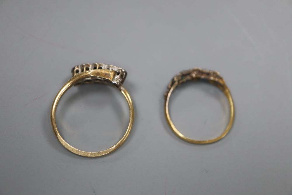 A 19ct century yellow metal emerald and rose cut diamond set half hoop ring, size L/M, gross 1.7 grams & a diamond ring.